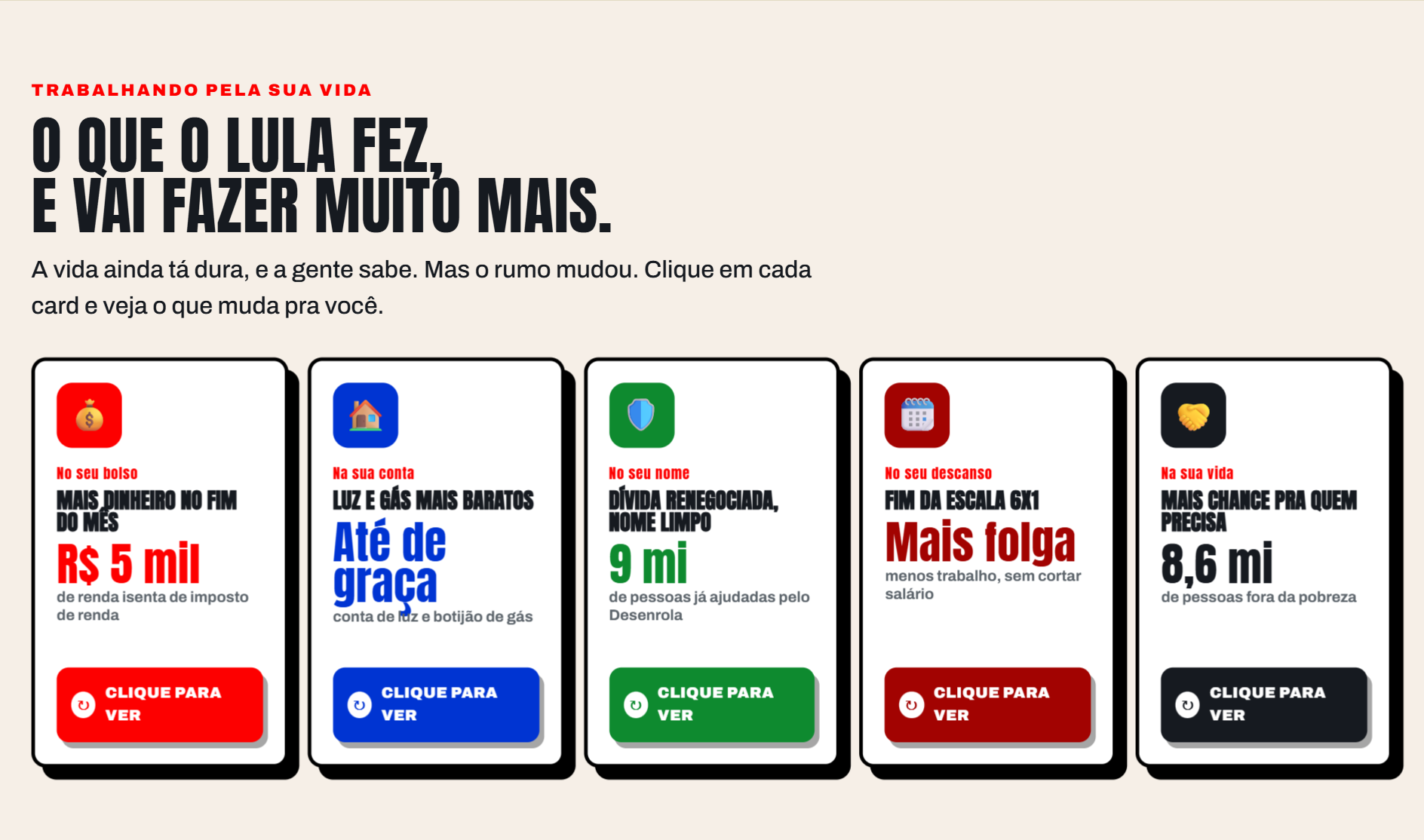The “end of the 6x1 shift” card inside the section titled “what Lula has done”, next to measures already in force.